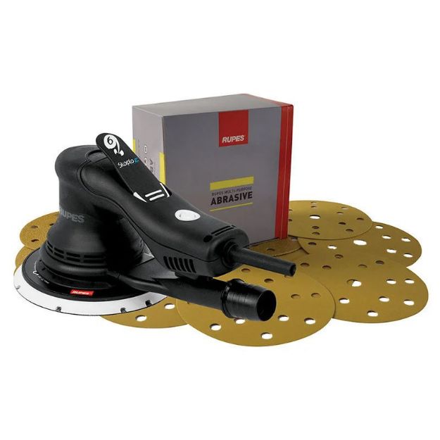 Picture of Rupes Skorpio E 150mm Brushless Sander Kit includes 300 velcro sanding discs (100 of each P120, P240, P320)