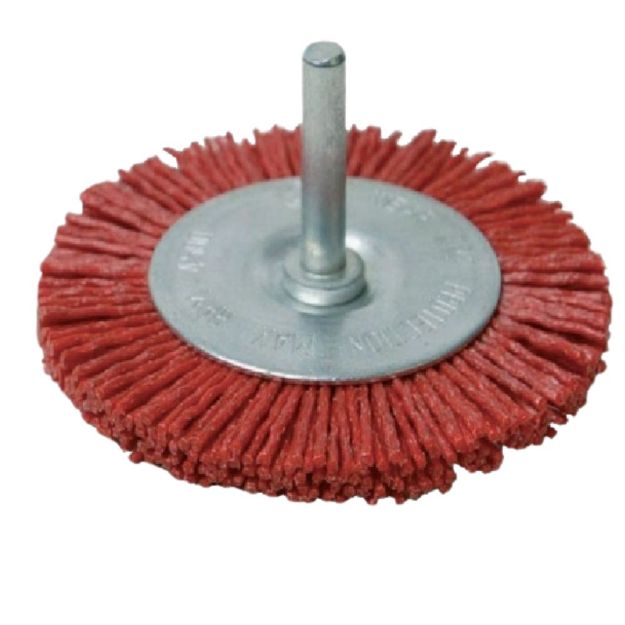 Picture of 100mm red filament wheel brush with a 6mm shank 